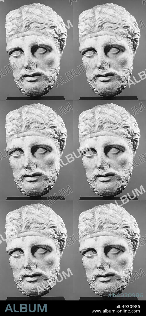 Marble head of a bearded man from a stele (grave marker), Greek, Attic, Late Classical, Date ca. 350325 B.C., Greek, Attic, Marble, H.: 9 1/2 x 7 1/4 x 4 1/4 in. (24.1 x 18.4 x 10.8 cm), Stone Sculpture.