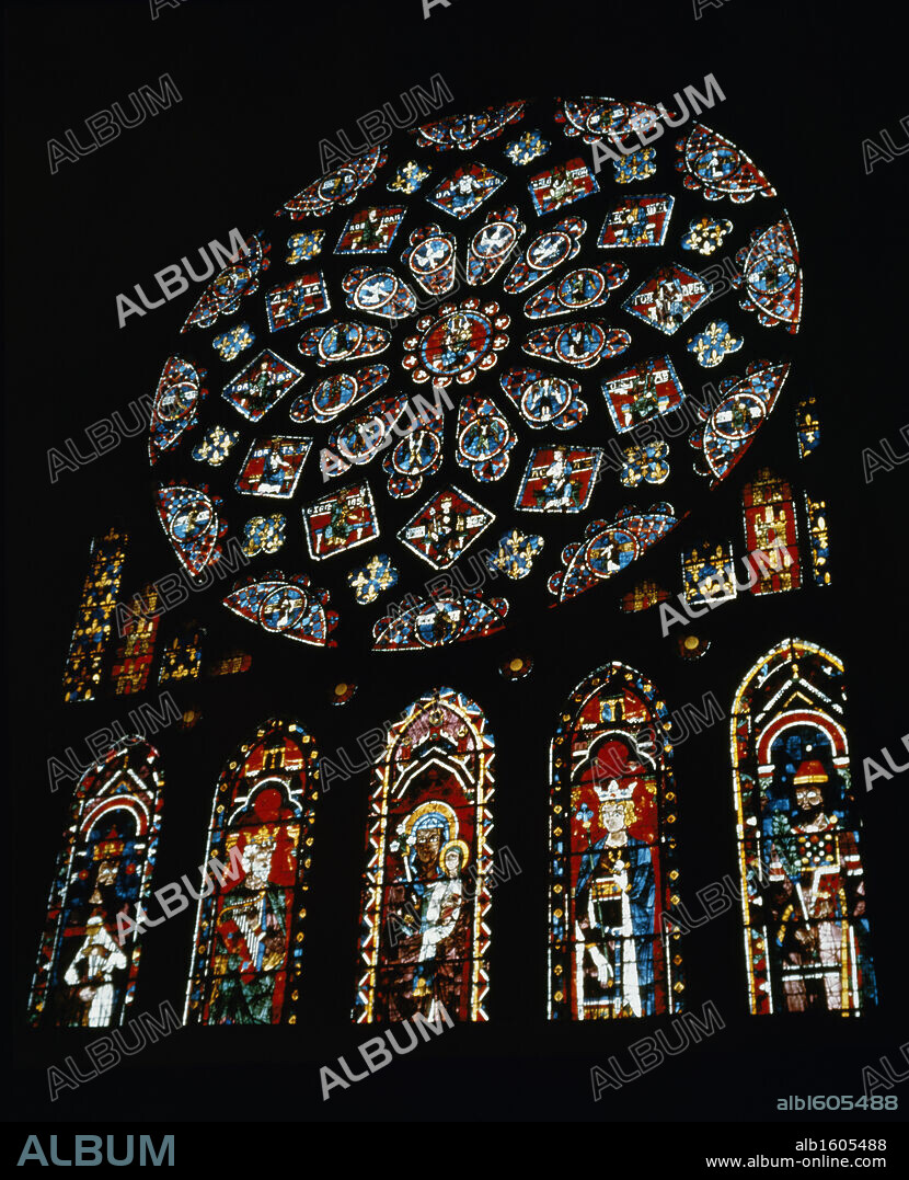 France, Chartres, Chartres Cathedral, Glorification Of Virgin, stained glass.