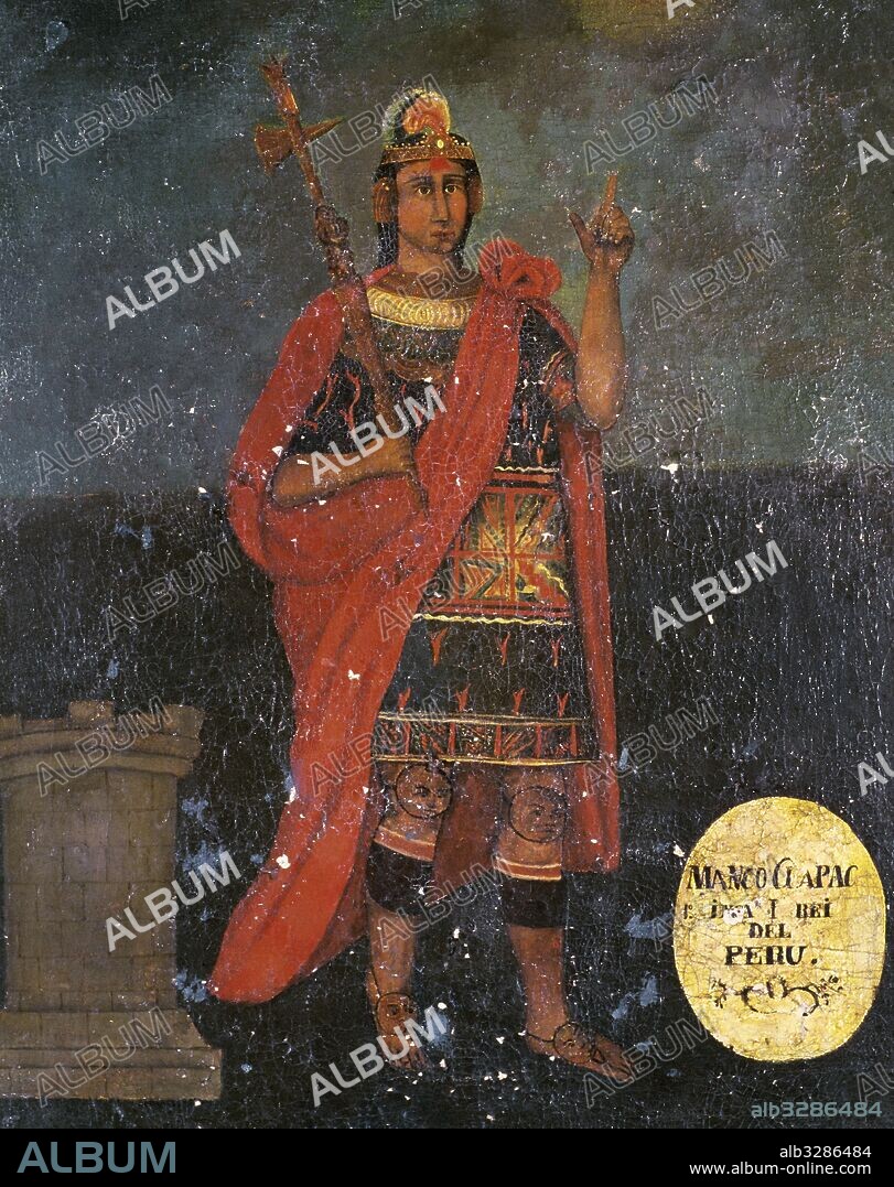 MANCO CAPAC I (finales siglo XII). Primer soberano inca. Héroe, semidiós pues era hijo del Sol, fundó el imperio inca al dirigir la emigración de su pueblo a Cuzco. Pintura anónima.