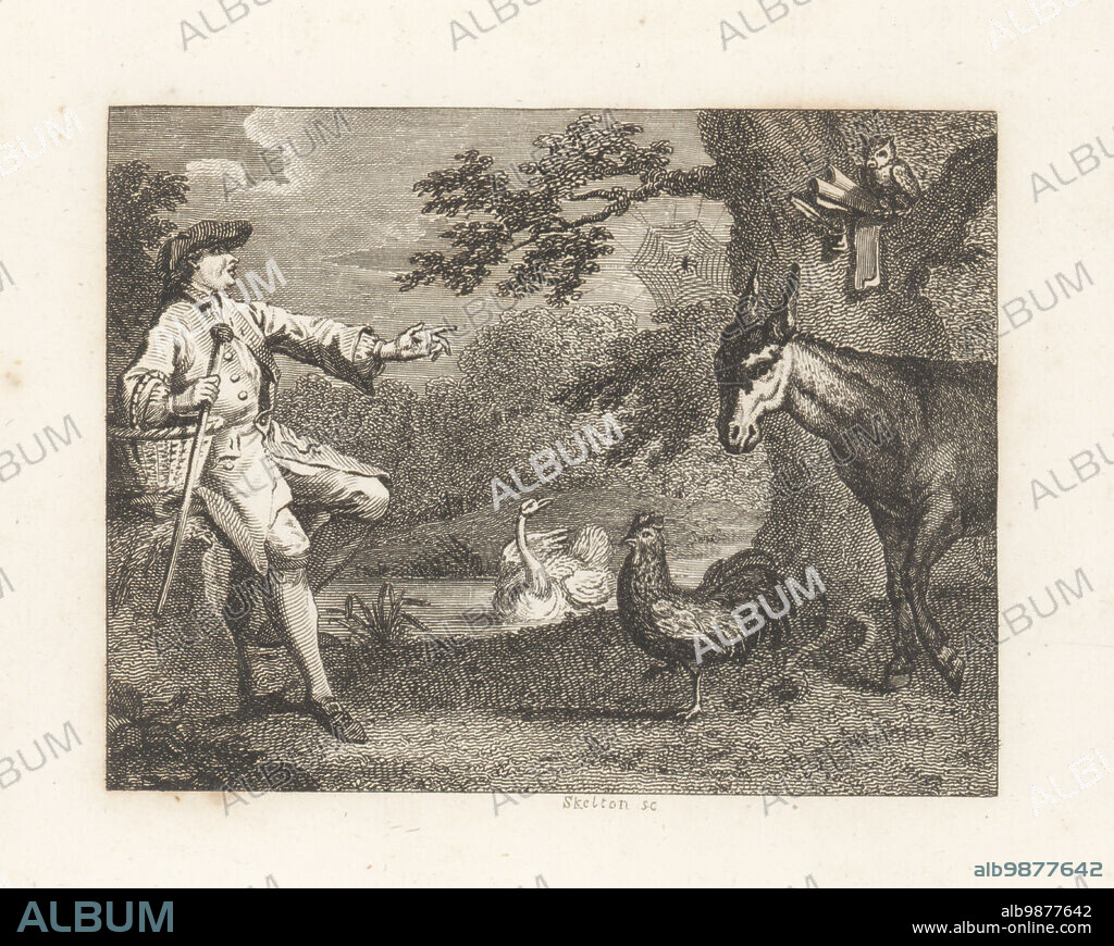 The Owl, the Swan, the Cock, the Spider, the Ass and the Farmer. A Georgian farmer with wicker basket rebukes a foolish, bookish owl for misleading a group of animals. Copperplate engraving by William Skelton after an illustration by Hubert Francois Bourguignon Gravelot from Fables by John Gay, with a Life of the Author, John Stockdale, London, 1793.