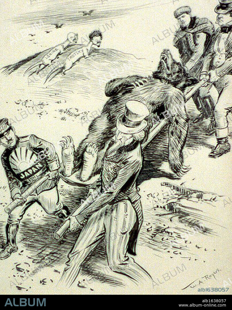Anti-Communist cartoon of 1918 by W.A. Rogers published during the Red Scare, 1917-1919.. 'A Hospital Case': Allies (Japan, England US and Czechoslovakia) carry a wounded bear (Russia) while Lenin and Trotsky watch from a sand hill.