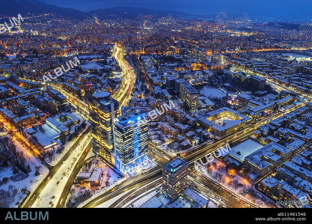 Aerial view of Sofia city center at night, Sofia, Bulgaria, Europe.
