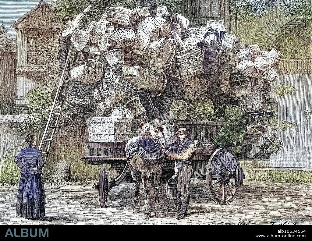 Rhineland trading cart, basket trader, the cart is highly loaded with baskets of various sizes, wickerwork, wicker basket, mobile trader, around 1885, Historical, digitally restored reproduction from a 19th century original, Rhineland trading cart, basket trader, the cart is highly loaded with baskets of various sizes, wickerwork, wicker basket, mobile trader, around 1885, Historical, digitally restored reproduction from a 19th century original.