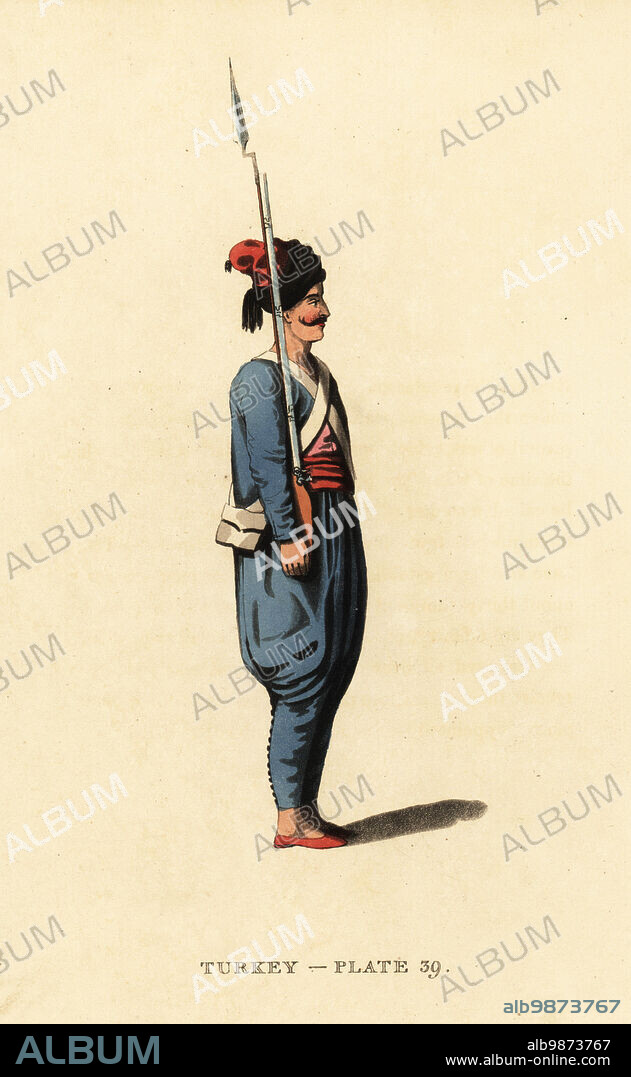 Uniform of a soldier in the infantry of the Ottoman Empire. He wears a black and scarlet hat, blue jacket and trousers, shirt and girdle, red slippers and carries a musket with bayonet. Handcoloured copperplate engraving after Octavian Dalvimart from William Alexanders translation of Picturesque Representations of the Dress and Manners of the Turks, Thomas MLean, London, 1814.