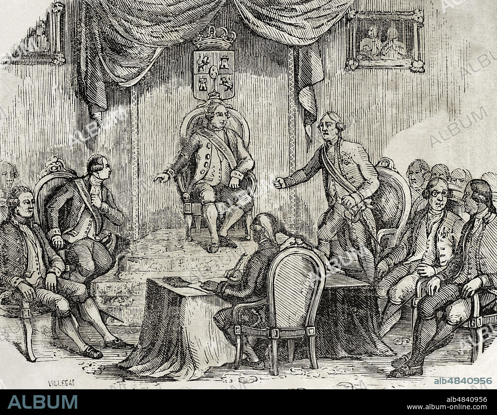 Guerra del Rosellón, también llamada Guerra de los Pirineos o Guerra de la Convención (1793-1795). Conflicto entre la España de Carlos IV y la Primera República Francesa. Debate entre el duque de Alcudia y el conde de Aranda según el abate Muriel. Reunión celebrada el 14 de marzo de 1794. Estuvieron presentes los consejeros Aranda, Almodóvar, Valdés, Caballero, Astorga, Campo Alange, Flores, Campomanes, Gardoqui, Godoy, Colomera, Socorro, Pacheco, Llaguno y Anduaga (secretario). El rey mandó a los consejeros tomar asiento. El secretario, a insinuación del Duque de la Alcudia, dió principio a la sesión con la lectura del dictamen del conde de Aranda, como decano. Grabado. "Historia del Levantamiento, Guerra y Revolución de España", por el conde de Toreno. Madrid,1851.