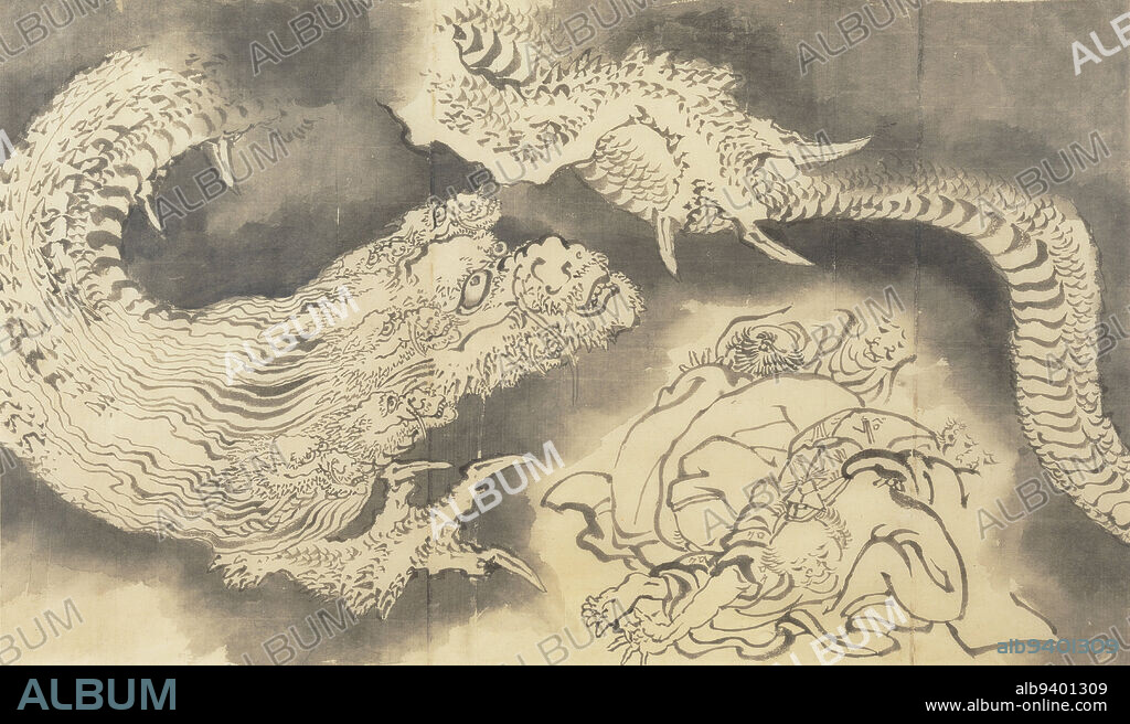 Dragon, 19th century, Katsushika Hokusai, Japanese, 1760 - 1849, 15 3/8 × 24 1/8 in. (39.05 × 61.28 cm) (image)15 5/8 × 25 1/2 in. (39.69 × 64.77 cm) (sheet)20 7/8 × 30 3/4 × 3/4 in. (53.02 × 78.11 × 1.91 cm) (outer frame), Ink on paper, Japan, 19th century.