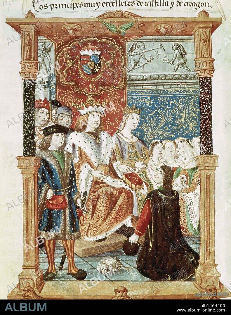 Felipe I "el Hermoso" (1478-1506). Soberano de los Paises Bajos (1482-1506) y rey de Castilla (1504-1506). Juana I la Loca (1479-1555). Reina de Castilla (1504-1555), hija de los Reyes Católicos. Detalle de la ilustración en la que Pedro de Marcuello presenta su obra a Felipe el Hermoso y Juana la Loca del Devocionario de Juana la Loca (1482) .