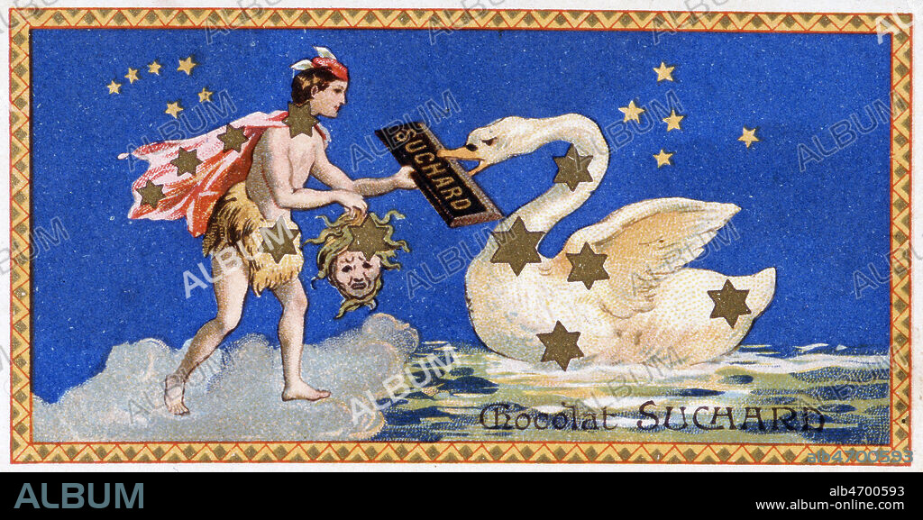Constellation du Cygne et de Persee . Chromo fin 19 s. pour le chocolat Suchard, serie avec constellations sur fond bleu. Credit: Collection Kharbine-Tapabor.