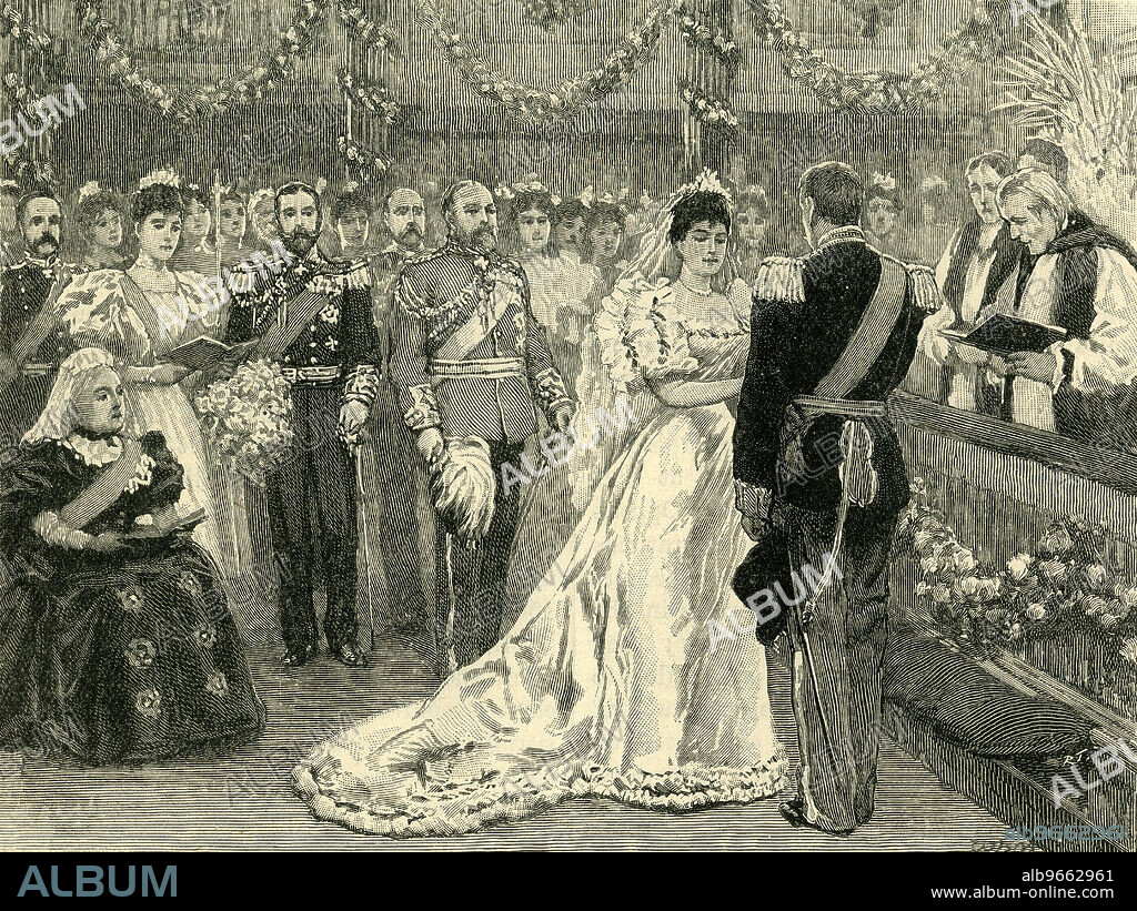 'Marriage of the Princess Maud of Wales', c1900. 'The marriage of Princess Maud of Wales to her [first] cousin, Prince Charles of Denmark [later King Haakon VII of Norway], was celebrated on the 22nd of July [1896] in Buckingham Palace Chapel, the Queen and the chief members of the Royal Family being present'. From "Cassell's History of England, Vol. IX". [Cassell and Company, Limited, London, Paris, New York & Melbourne].