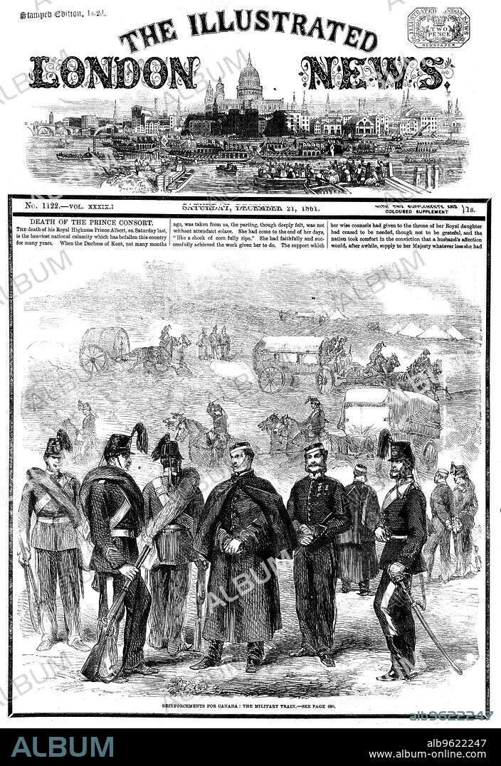 Death of Albert (1819-1861), Prince Consort of Queen Victoria, 14 December 1861. Prince Albert of Saxe-Coburg-Gotha married his first cousin, Queen Victoria, in 1840. In 1857 he was given the title Prince Consort and became the Queen's private advisor. He was interested in arts, science and industry and planned the Great Exhibition of 1851. His death in 1861, from typhoid fever, was a crushing blow to Queen Victoria, who wore mourning dress for the remaining 40 years of her life. Masthead of The Illustrated London News, showing a black border denoting the nation's mourning.