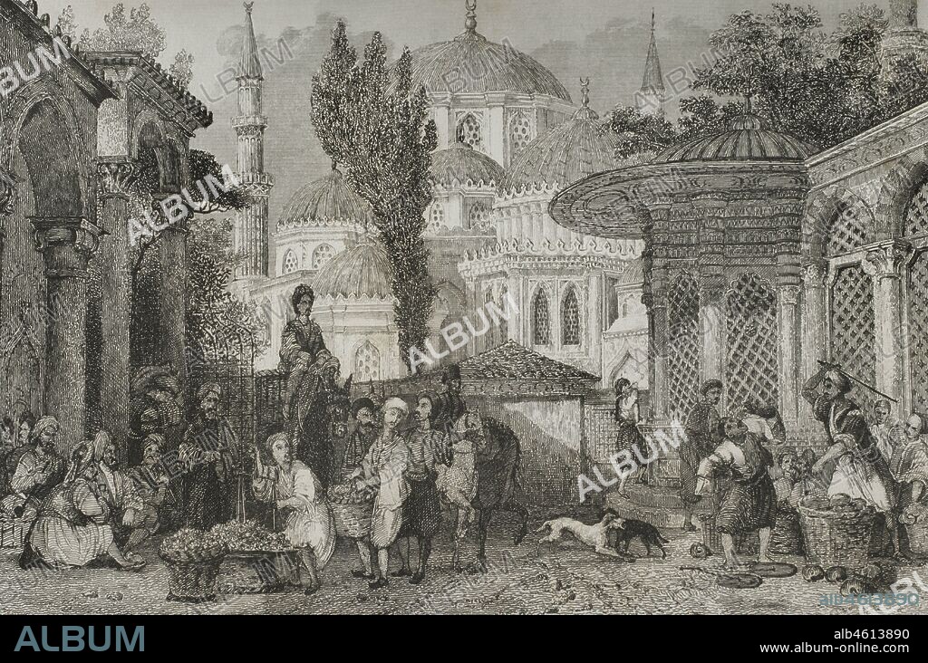 Imperio Otomano. Turquía. Constantinopla (actual Estambul). Mesquita Sha-Za-Deh Djamesi o Mezquita de Sehzade, construida por rel arquitecto Sinán durante el reinado del sultán Soleimán el Magnífico. Grabado por Lemaitre. Historia de Turquía, por Joseph Marie Jouannin (1783-1844) y Jules Van Gaver. Panorama Universal, edicion española de 1840.