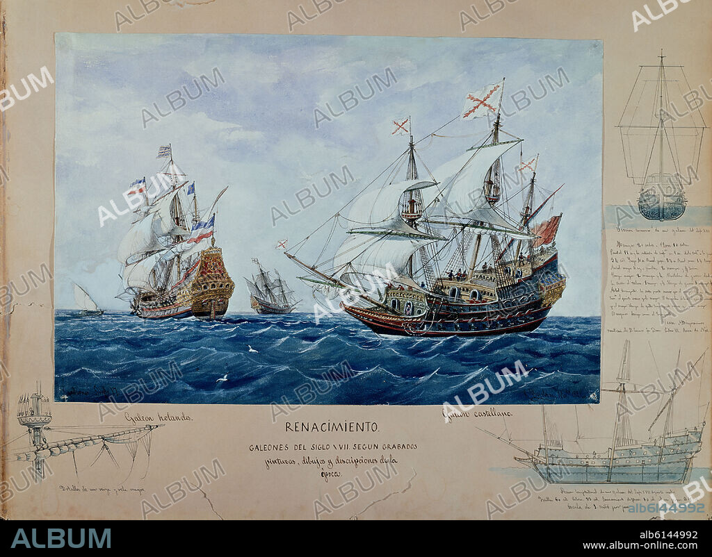 RAFAEL MONLEÓN. GALEON HOLANDES Y CASTELLANO DEL SIGLO XVII - ACUARELA SIGLO XIX.