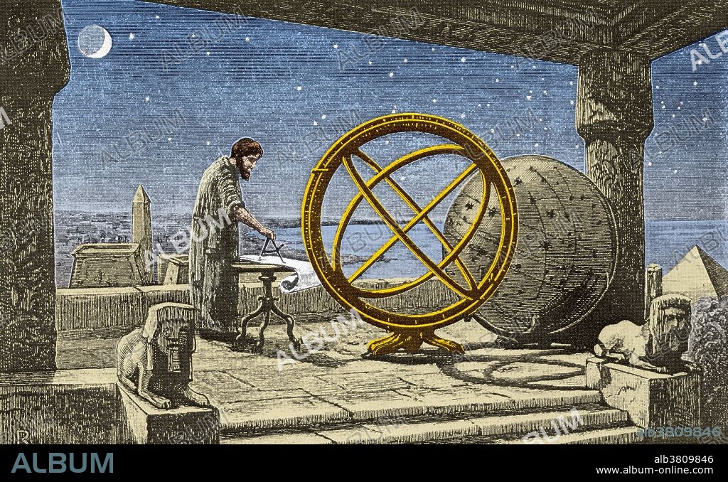 Hipparchus in his observatory in Alexandria. In the center is an armillary sphere (spherical framework of rings, centered on Earth, that represent lines of celestial longitude and latitude and other astronomically important features such as the ecliptic). Hipparchus (190-120 BC), was a Greek astronomer, geographer, and mathematician of the Hellenistic period. A methodical observer, Hipparchus compiled the first known star catalogue, listing some 850 stars, as well as their celestial coordinates and magnitude. His work profoundly influenced that of Ptolemy. He is considered the founder of trigonometry. Hipparchus is considered the greatest ancient astronomical observer. He was the first whose quantitative and accurate models for the motion of the Sun and Moon survive. He developed trigonometry and constructed trigonometric tables, and he solved several problems of spherical trigonometry. With his solar and lunar theories and his trigonometry, he may have been the first to develop a reliable method to predict solar eclipses. His other reputed achievements include the discovery of Earth's precession (precession of the equinoxes is a slow motion of the place of the equinoxes through the zodiac, caused by the shifting of the Earth's axis) and possibly the invention of the astrolabe and the armillary sphere. This image has been color enhanced.