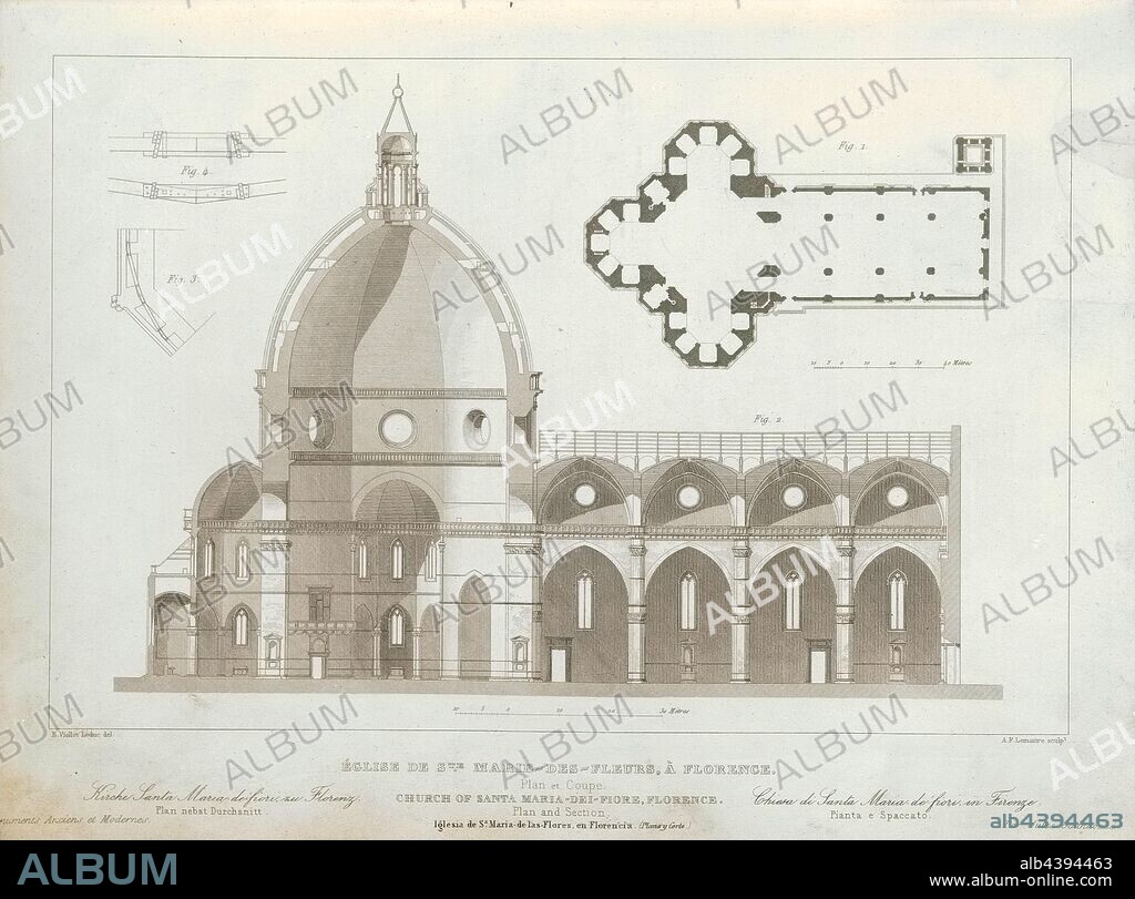 Church of St. Marie-des-Fleurs, in Florence. Plan and Cup, Floor plan and longitudinal section of the Cathedral of Santa Maria del Fiore in Florence, signed: E. Viollet Leduc del, A.F. Lemaitre sculp, Pl., 27, Viollet-le-Duc, Eugène-Emmanuel (del.); Lemaître, Augustin François (sc.), 1853, Jules Gailhabaud: Monuments anciens et modernes: collection formant une histoire de l'architecture des différents peuples à toutes les époques. Paris: Librairie de Firmin Didot frères, 1853.