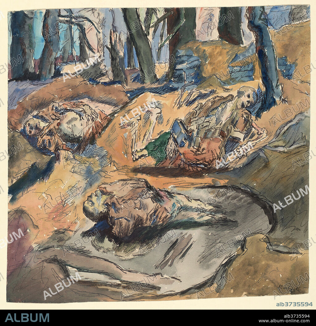 RENÉ BEEH. Dead Scottish Soldiers on the Battlefield near Ypres. Dated: 1916. Dimensions: sheet: 33.5 x 35 cm (13 3/16 x 13 3/4 in.). Medium: watercolor with pen and black ink on wove paper.