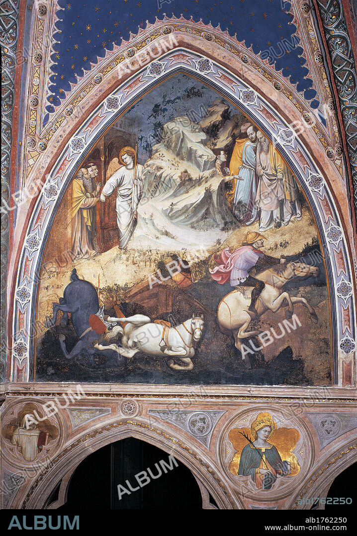 Episode No. 6 of the Stories of St James. Liberation of the Companions of St James, by Altichiero da Zevio, Jacopo Avanzi, 1372-1379 about, 14th Century, fresco,. Italy, Veneto, Padua, SantAntonio di Padova Basilica, San Giacomo Chapel. Episode no. 6 of the Stories of St James Pursuit and Liberation of the Companions of St James All. Lunette horses battle harness trappings men angel horsemen mount rock.