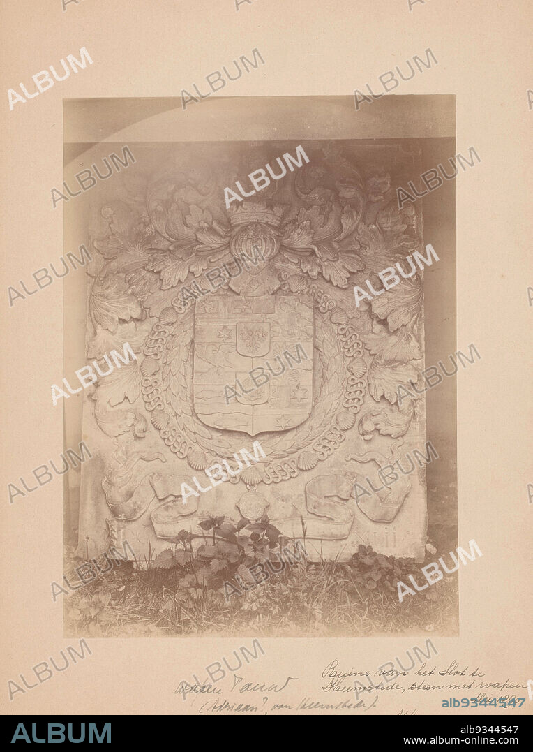 Stone with coat of arms of the ruined castle at Heemstede, anoniem (Monumentenzorg) (attributed to), A.J.M. Mulder (possibly), Heemstede, 1890, photographic support, cardboard, albumen print, height 232 mm × width 169 mm.