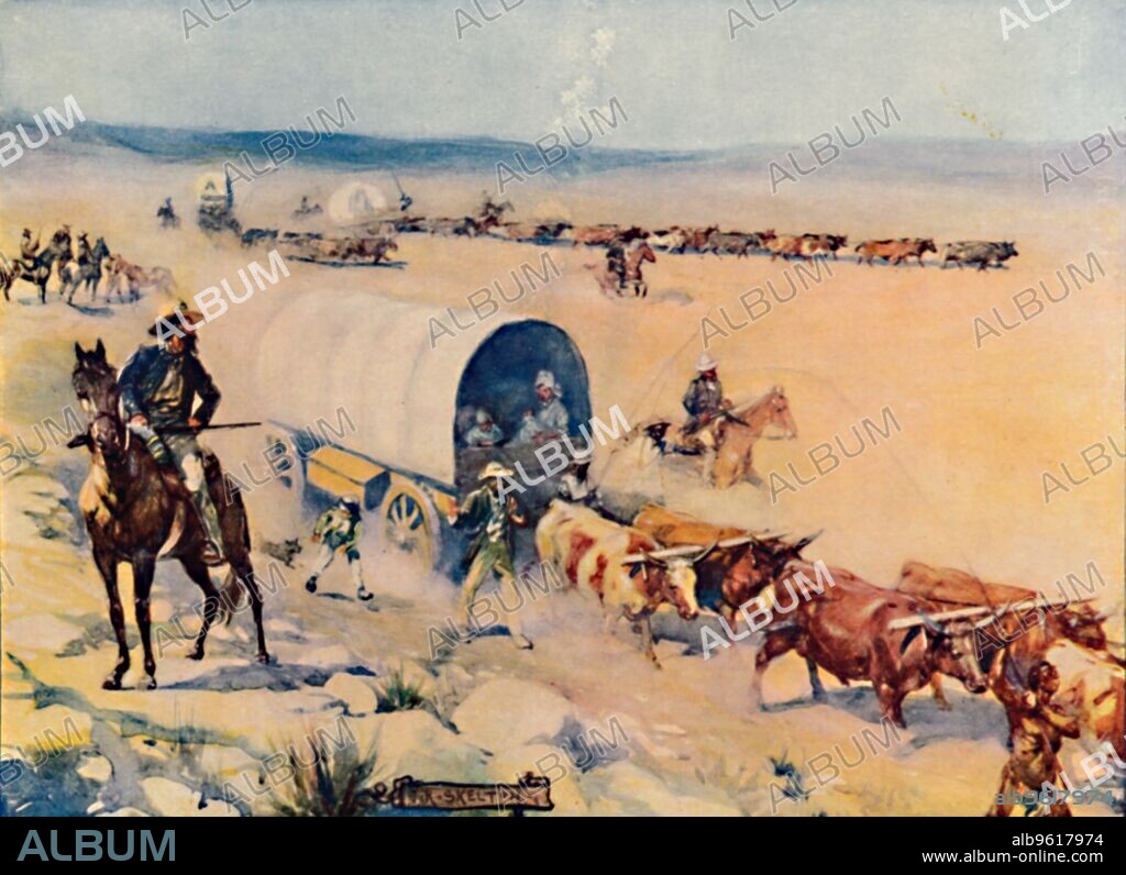 JOSEPH RATCLIFFE SKELTON. 'The Voor-Trekkers', 1909. The Voortrekkers mainly consisted of Trekboer pastoralists and Cape Dutch citizens from the Eastern frontier of the Cape Colony who during the 1830s and 1840s left the British controlled Cape. They travelled to the interior of what is now South Africa in what is known as the Great Trek. From Romance of Empire - South Africa by Ian D. Colwin. [T. C. & E. C. Jack , London, 1909].