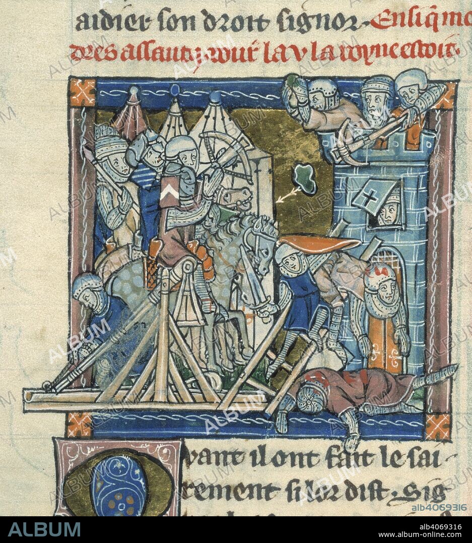 (Miniature) Guinevere, defended by two hundred knights, is beseiged in the Tower of London by Mordred. La Mort le Roi Artus. France; circa 1316. Source: Add. 10294, f.81v. Language: French.