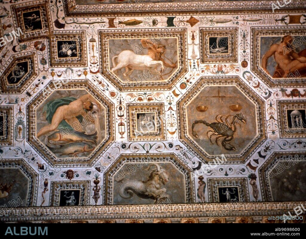 Details of the constellations of Aquarius and Pisces on a ceiling fresco in the Chiericati Palace, Vicenza. Painted by Domenico Rizzo, 16th century. 1500's.