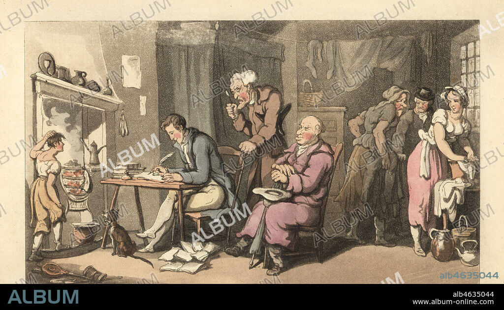 English gentleman writing a begging letter in a decrepit parlour with lawyer and loanshark looking on. Handcoloured copperplate engraving after an illustration by Thomas Rowlandson from William Combes The Dance of Life, Rudolph Ackermann, London, 1817.