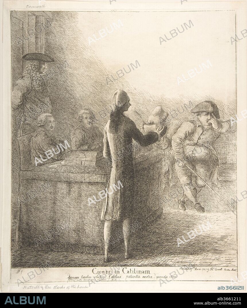 Cicero in Catilinam. Artist: James Sayers (British, 1748-1823). Dimensions: plate: 13 7/16 x 11 1/4 in. (34.2 x 28.6 cm)
sheet: 14 1/8 x 11 15/16 in. (35.8 x 30.3 cm). Publisher: Published by Thomas Cornell (London). Date: March 17, 1785.
In November 1784, a year after King George III appointed him chief minister, William Pitt faced a general election that secured his claim to office. Here, he stands before the House of Commons, addressing his bitter rivals, Charles James Fox and Frederick Lord North, who squirm with anger at being forced onto Parliament's Opposition Benches. Fox demonstrates disrespect by wearing his hat and chewing his fingers. North scowls and buries his head in papers. The printmaker expresses his admiration through the title which compares the youthful Pitt to Cicero, a statesman who preserved the Roman Republic by suppressing a coup d'état led by the patrician Catiline. Sayers has brilliantly reduced the complex rivalries driving British politics to a dynamic among three figures. Expressively, densely etched lines set the scene in a half-light suggestive of moral darkness.
