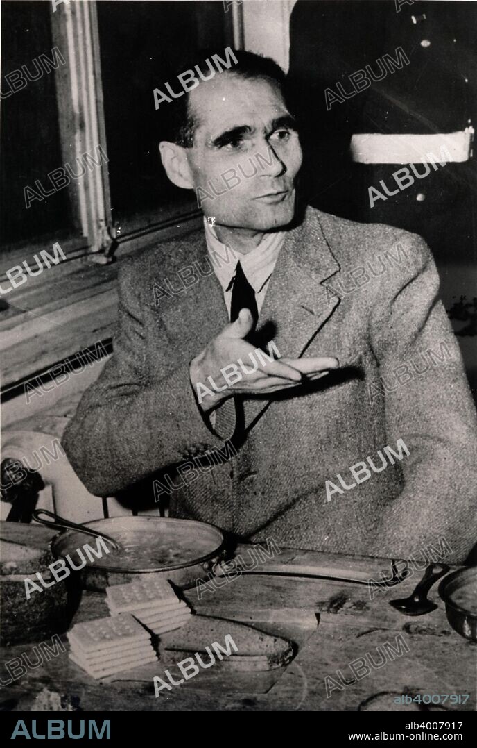 Nazi Deputy Leader Rudolf Hess at the Nuremberg War Crimes Trials, Germany, 1945. Between 20 November 1945 and 1 October 1946 the 24 surviving most senior Nazi leaders were tried before the International Military Tribunal in the Palace of Justice in Nuremberg. Hess (1894-1987) received a sentence of life imprisonment, dying in Spandau prison in Berlin after serving 41 years.
