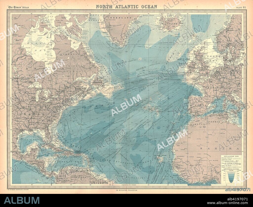 Map of the North Atlantic Ocean. Map showing western Europen and Iceland, Greenland, eastern Canada and the United States, Central American and the Caribbean, and West Africa. Plate 81 from The Times Atlas.
