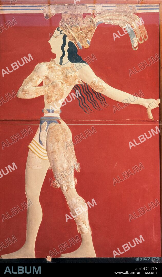 Minoan art. Crete. Prince of the Lilies. Dated circa 1550 BC. Brings the Minoan belt and headdress made __of lilies and peacock feathers. Fresco from the palace of Knossos. Heraklion Archaeological Museum. Crete.