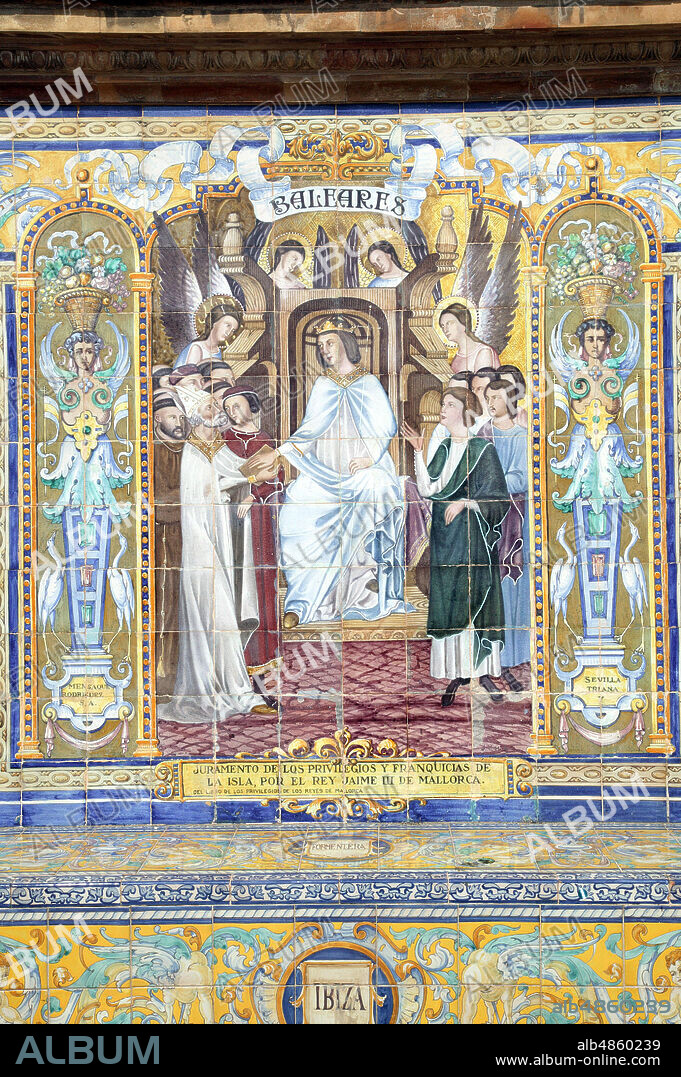 JAIME III. REY DE MALLORCA. 1315-1349. JURAMENTO DE LOS PRIVILEGIOS Y FRANQUICIAS DE LA ISLA DE MALLORCA (DEL LIBRO DE " LOS PRIVILEGIOS DE LOS REYES DE MALLORCA ". AZULEJO PLAZA DE ESPAÑA. SEVILLA.