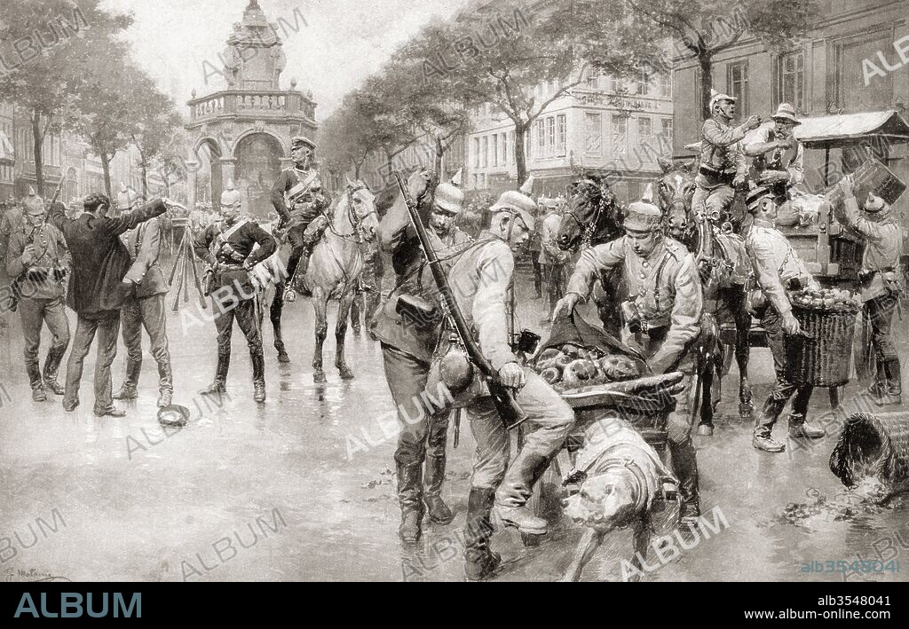 German troops commandeering much needed bread in the Place du Marché, Liege, Belgium after occupying the city in August 1914, during WWI. Dogs were used for street transport and are seen here drawing supplies. From The War Illustrated Album Deluxe, published 1915.