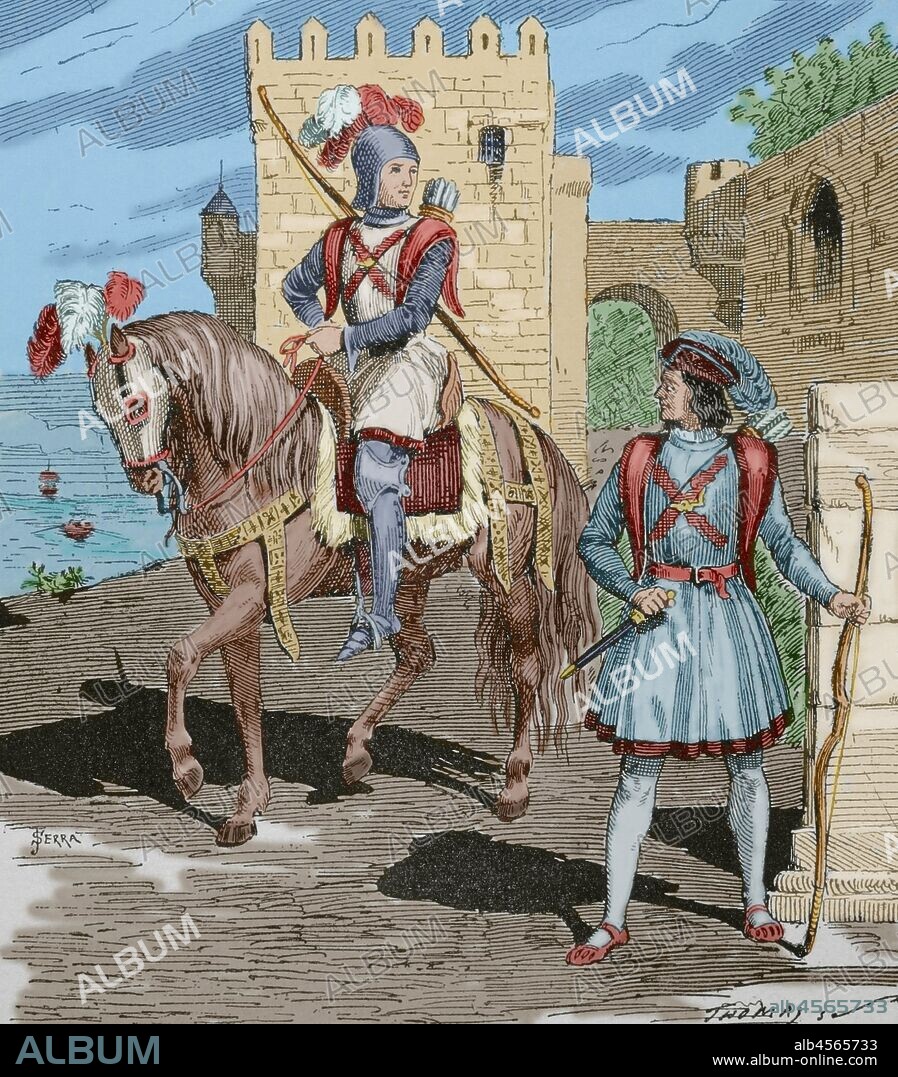 The Archers of Burgundy, Burgundy Guard or Blade Guard, were an armed unit from the Burgundy Guard of Archers, introduced in Spain by King Philip I of Castile, whose components served on foot inside the royal rooms and on horseback in the outside. Engraving by Serra. Museo Militar, 1883. Later colouration.