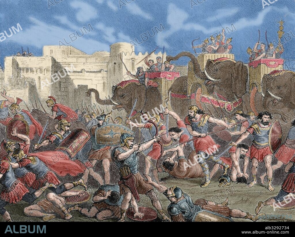 HISTORIA DE LA ANTIGUA ROMA. DEFENSA DE LA CIUDAD DE NUMANCIA FRENTE A LAS TROPAS ROMANAS DE ESCIPION (133 aC). Grabado coloreado.