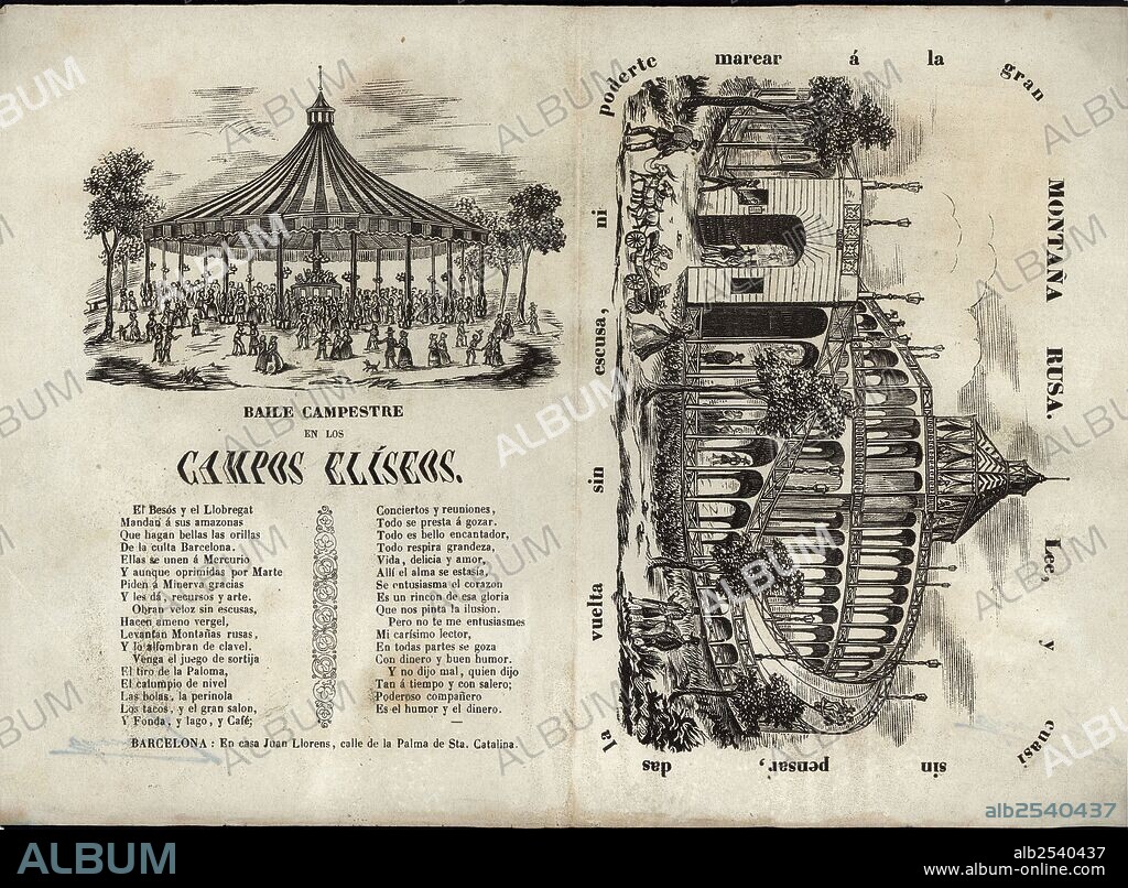 Abanico de papel con grabados populares de los Campos Eliseos de Barcelona. Año 1853.