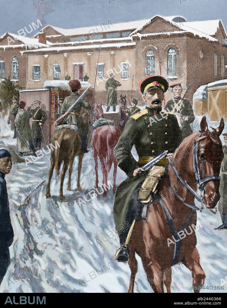 GUERRA RUSO-JAPONESA (1904-1905). Japón entró en guerra con Rusia con la finalidad de asegurarse intereses capitales en Corea y sur de Manchuria. "CUARTEL GENERAL RUSO EN PORT-ARTHUR". Grabado coloreado del siglo XIX.