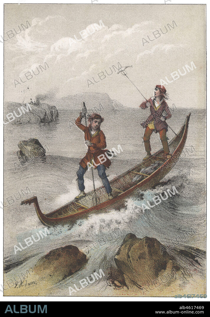 Canadá. Chippewas, también conocidos como ojibwas, tribu nativa del norte de América, pescando con un tridente. Grabado de 1862.