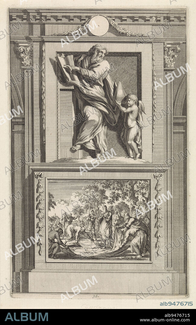 Saint Cyprian of Carthage points an angel with a mitre in his hands to a passage in a book. Cyprian stands on a pedestal where his beheading is depicted on the front, St. Cyprian of Carthage, print maker: Jan Luyken, print maker: Zacharias Chatelain (II), intermediary draughtsman: Jan Goeree, Amsterdam, 1698, paper, etching, engraving, h 276 mm × w 171 mm.