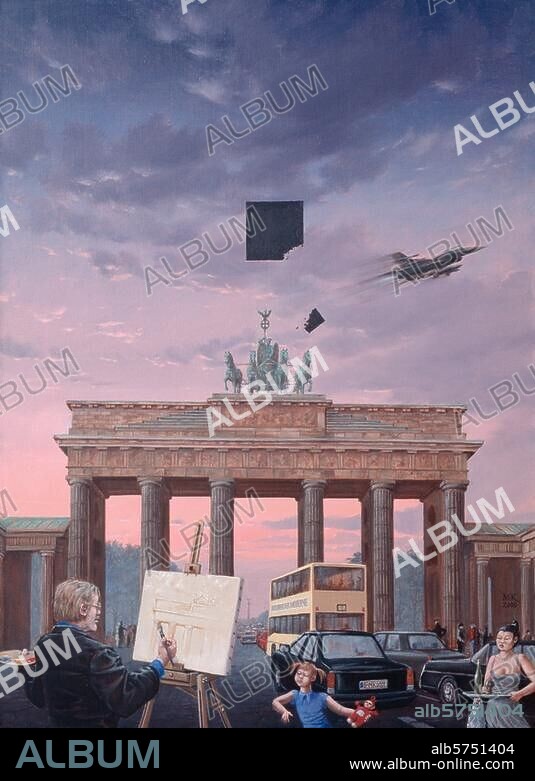 Koeppel, Matthias; geb. 1937. "In Erwartung der Rückkehr des Schwarzen Quadrates. (Matthias Koeppel malt das Brandenburger Tor und seine Gemahlin Sooki bringt ihm eine Flasche Wein.) ", 2000. Aus dem Zyklus: Abschied der Moderne. Öl auf Leinwand, 135 × 100 cm. Besitz des Künstlers.