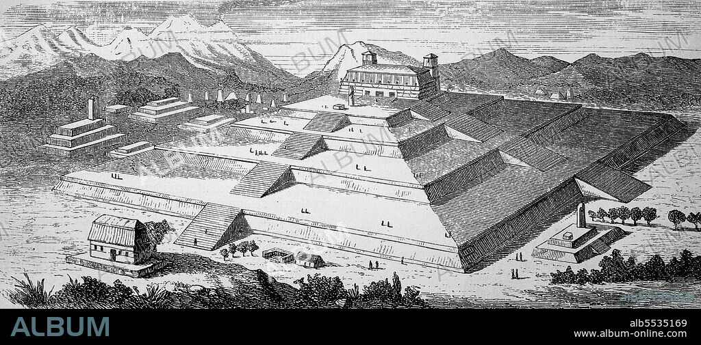 Reconstruction of the pyramid of Cholula, by volume the largest known pyramid in the world, in the state of Puebla in Mexico, in 1880.