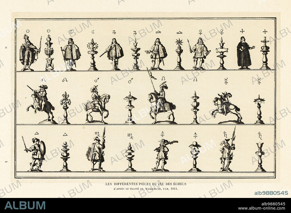 Chess pieces from the 17th century. King, knight, bishop, pawn, etc. Les differentes pieces du jeu des echecs. Engraving from New-erfundenes Grosses Konigs-Spiel by Christoph Weickhmann, Ulm, 1664. Lithograph from Henry Rene dAllemagnes Recreations et Passe-Temps, Games and Pastimes, Hachette, Paris, 1906.