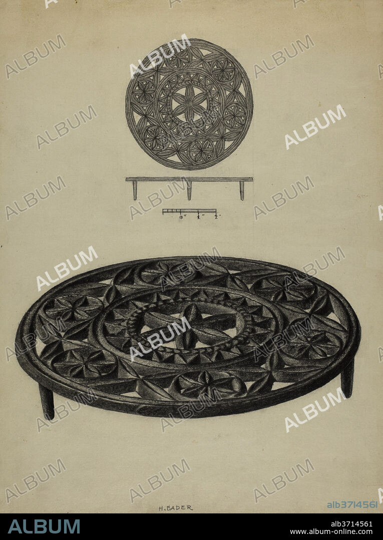 HERMAN BADER. Pa. German Trivet. Dated: c. 1938. Dimensions: overall: 28.9 x 22.5 cm (11 3/8 x 8 7/8 in.)  Original IAD Object: 7 1/4" in diameter; 1 5/16" high. Medium: graphite on paperboard.