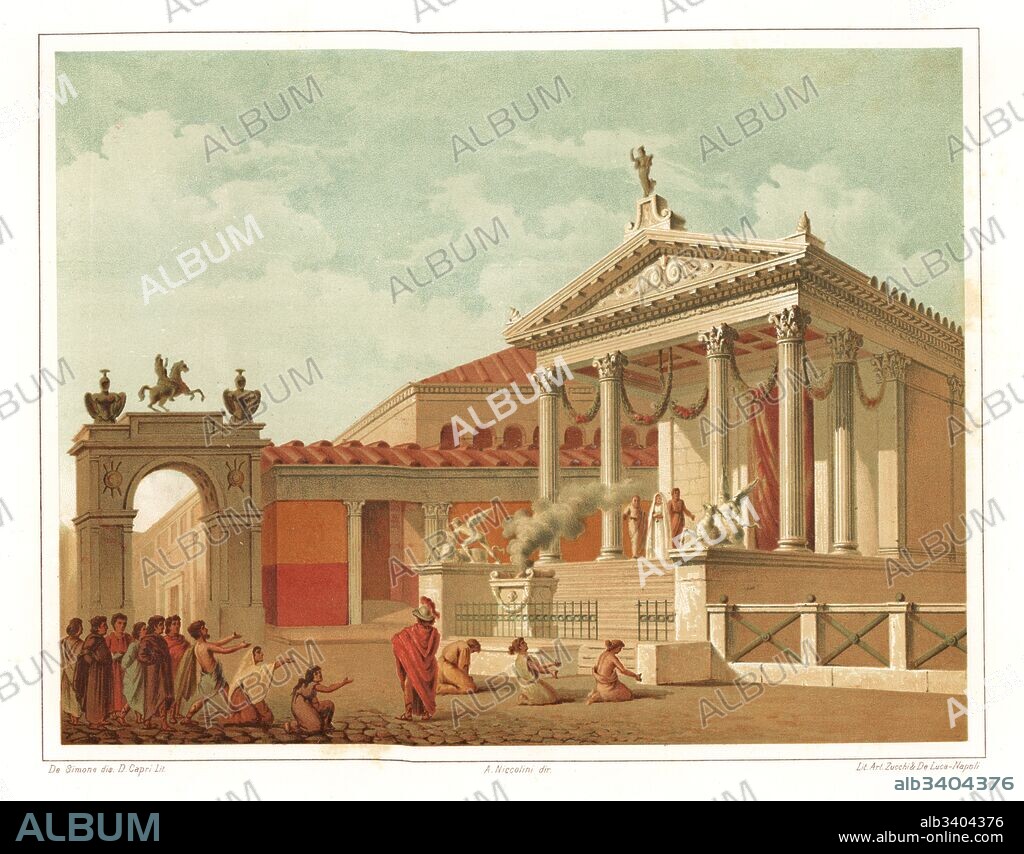 View of the Temple of Fortuna Augusta, Pompeii. Built by Marcus Tullius. On the corner of Via del Foro and Via della Fortuna. Men and women kneeling in prayer before a sacrificial fire on the temple steps. Chromolithograph by D. Capri and illustration by De Simone from Antonio Niccolini’s Pompeii: Views and Restorations (Pompeii: Essaies et Restaurations), published by Zucchi & De Luca, Naples, 1898. Antonio was grandson of the architect Antonio Niccolini Sr.