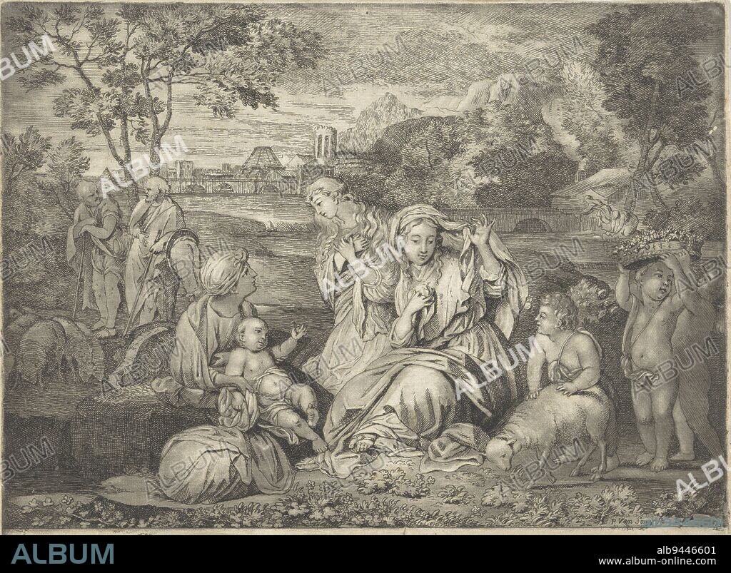 Moses in the rush basket, Paul van Somer (II), after Sébastien Bourdon, 1670 - 1697, On the bank of a river, a company sits on the ground. A woman kneels down in worshipful pose by a mother with child. Beside her, another woman lifts her veil and looks at a putto with a lamb. Two other putti carry a basket of flowers above their heads. Two shepherds with sheep stand behind the women. Across the river, two women are doing laundry. In the background a city with bridge, towers and a pyramid., print maker: Paul van Somer (II), (mentioned on object), Sébastien Bourdon, (possibly), 1670 - 1697, paper, etching, h 175 mm × w 235 mm.