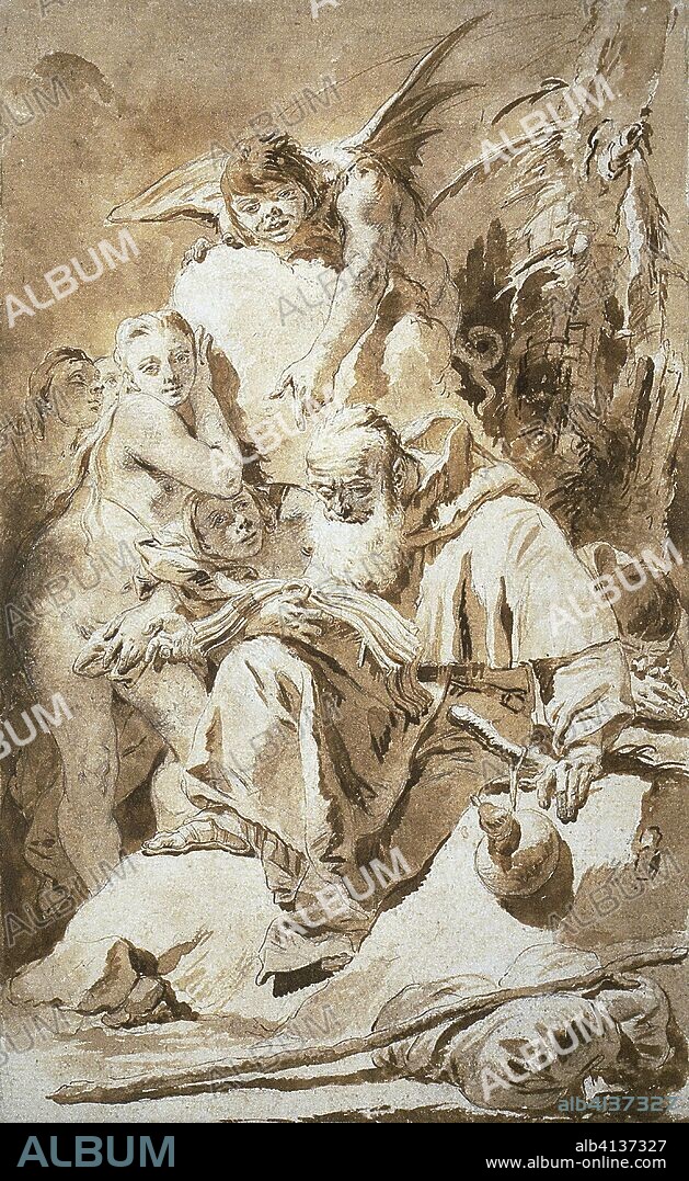 GIOVANNI BATTISTA TIEPOLO. The Temptation of Saint Anthony. Giambattista Tiepolo; Italian, 1696-1770. Date: 1720-1734. Dimensions: 400 x 247 mm. Pen and brown ink and brush and brown wash, with black chalk and traces of charcoal, heightened with touches of white gouache, on ivory laid paper. Origin: Italy.