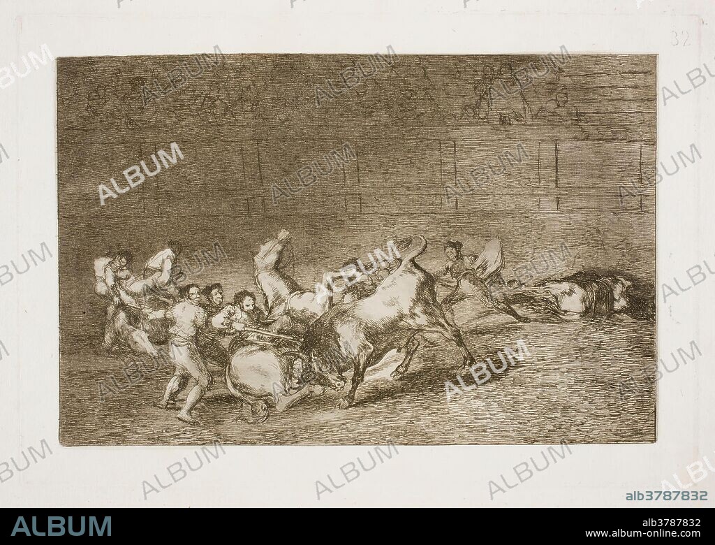 Francisco de Goya y Lucientes / 'Tauromaquia 32. Dos grupos de picadores arrollados de seguida por un solo toro.'. 1814 - 1816. Aguafuerte, Aguatinta, Bruñidor, Buril, Punta seca sobre papel verjurado, blanco, 299 x 408 mm.