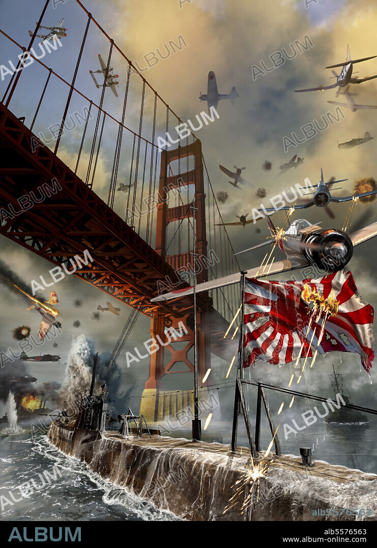 U. S. planes attacking a Japanese Zero and submarine under the Golden