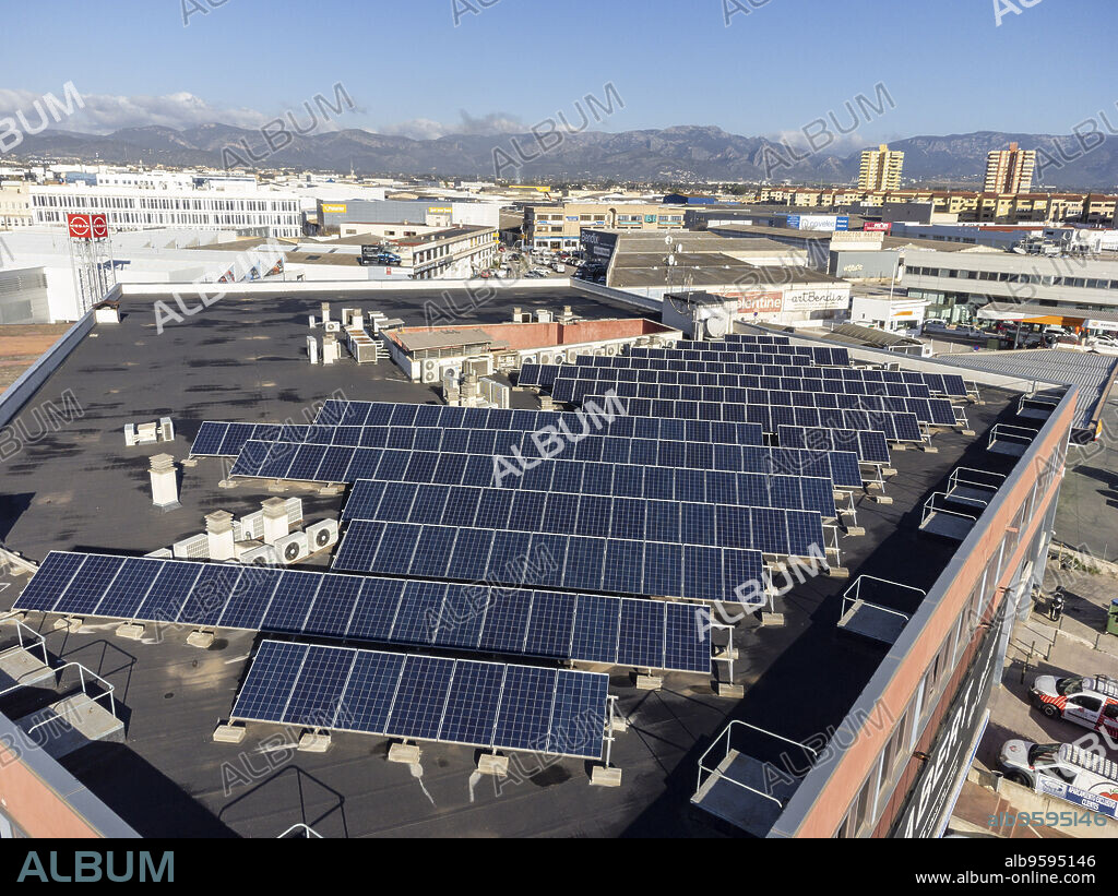 factory with solar panels on the roof, Son Castelló industrial estate, Palma, Mallorca, Balearic Islands, Spain.