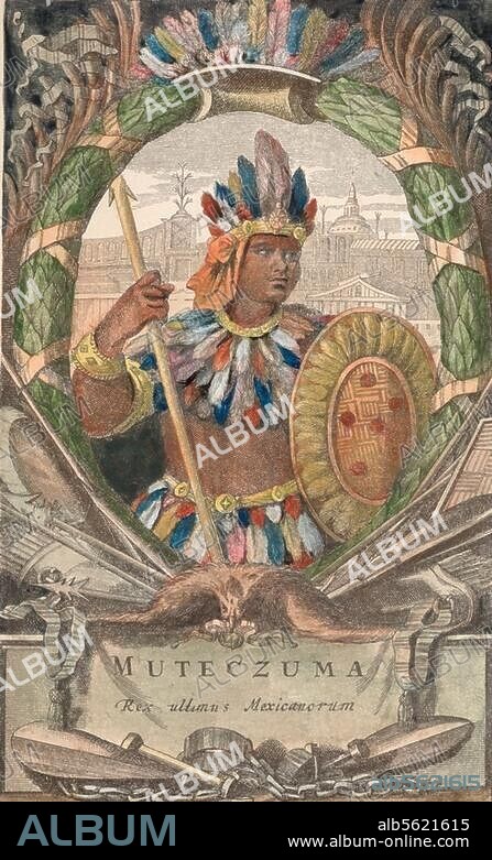 ANÓNIMO. Montezuma II. (Moctecuzoma / Xocoyotzin). Tenochtitlan c. 1466 - 30.6.1520. Penultimate Aztec ruler, opponent of Hernan Cortes. Portrait. Copper eng., tinted, from: O. Dapper, "The Unknown World", Amsterdam 1673.