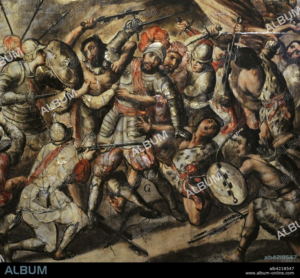 Título: Conquista de México. Autor: Anónimo. Tabla. Pintura al óleo, nácar. Técnica: Enconchado. Forma parte de 6 tablas. Destaca la escena inferior en que los indios hacen prisionero a Cortés, que es rescatado por Cristóbal de Olea junto a otros españoles y Tlaxcaltecas. Detalle. 1766-1700. Escuela Mexicana. Virreinato de la Nueva España. México. América del Norte. Museo de América. Madrid. España.