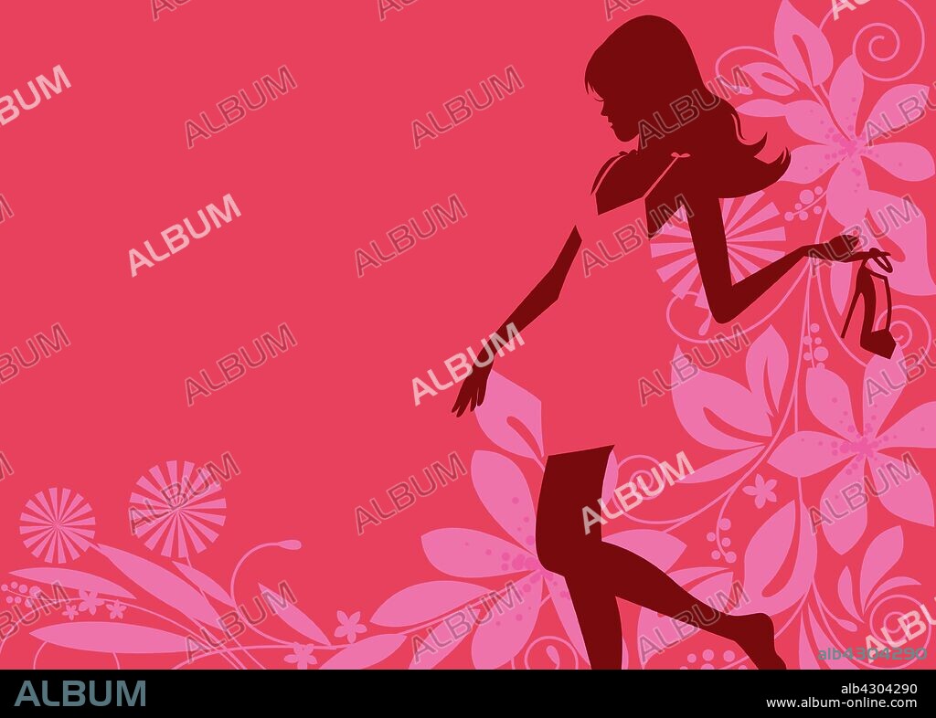 Glamorous woman silhouette holding high heel shoe with pink flower pattern background.